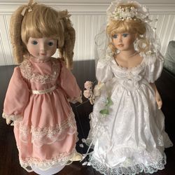 Vintage Porcelain Dolls, 17” Tall, New Condition, with Stands 
