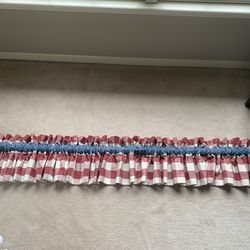 CUSTOM MADE RED/IVORY GINGHAM VALANCE, BLUE 3 INCH ROD POCKET, COTTON, 170W X 12.5L