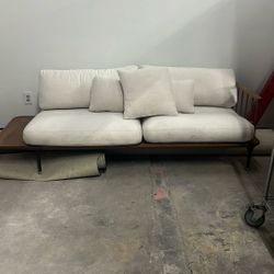 Distrikt Triple Seat Sofa with Solid Oak Base, Brass-Capped Legs & Integrated Side Table for Style -
