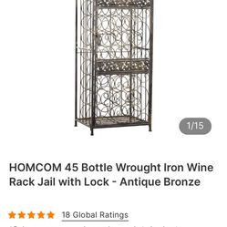 HOMCOM 45 Bottle Wrought Iron Wine Rack Jail with Lock - Antique Bronze