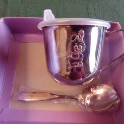 Vintage Angel Bunny Silver Plated Sippy Cup And Spoon 