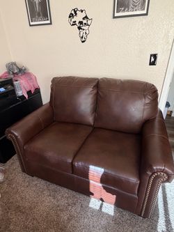 Brown Leather Loveseat with Nailhead Trim