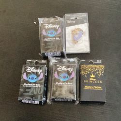  4 Disney Mystery Pin Boxes  3 /Stitch  1/Disney PrincessAnd Eeyore Stay Golden Pin
