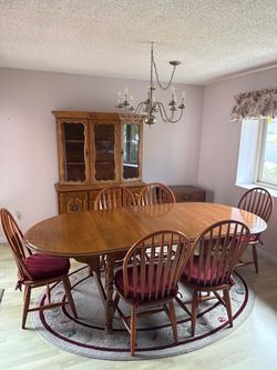 Solid Wood Drop Leaf Oval Dining Table Set with 2 extension leaves and table protection pads for all configurations + 6 Windsor Chairs