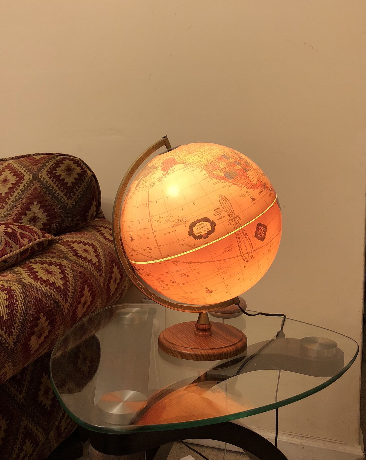 World Globe Cram’s Antique Vintage 12" Diameter Made USA Wood Rotating Light up Table/Desk Topographic Globe