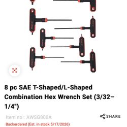 8 Pc SAE T-Shaped/L-Shaped Combination Hex Wrench St (3/32-1/4”).