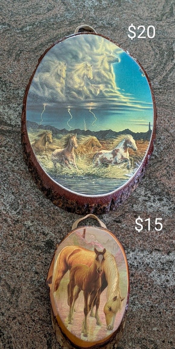 2 Vintage Wood Slab- Slice Large Picture Plaque ( Thundering Hooves & Horses Twilight ( Never Used