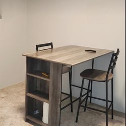 New 3 Piece Grey Wash Drop Leaf Counter Table Dining Set with Storage