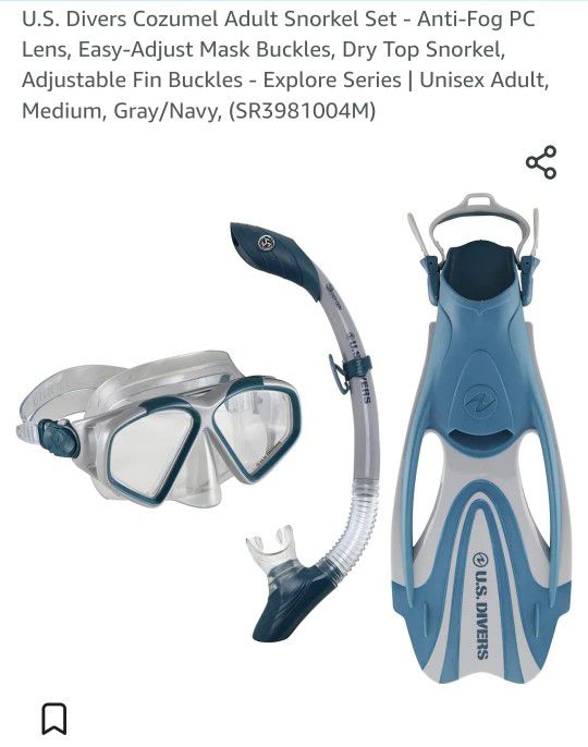 U.S. Divers Cozumel Adult Snorkel Set - Anti-Fog PC Lens, Easy-Adjust Mask Buckles, Dry Top Snorkel