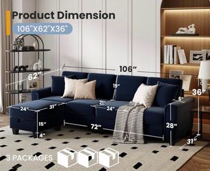 106” Blue Velvet Sectional Sofa with Storage Ottoman - New in Box