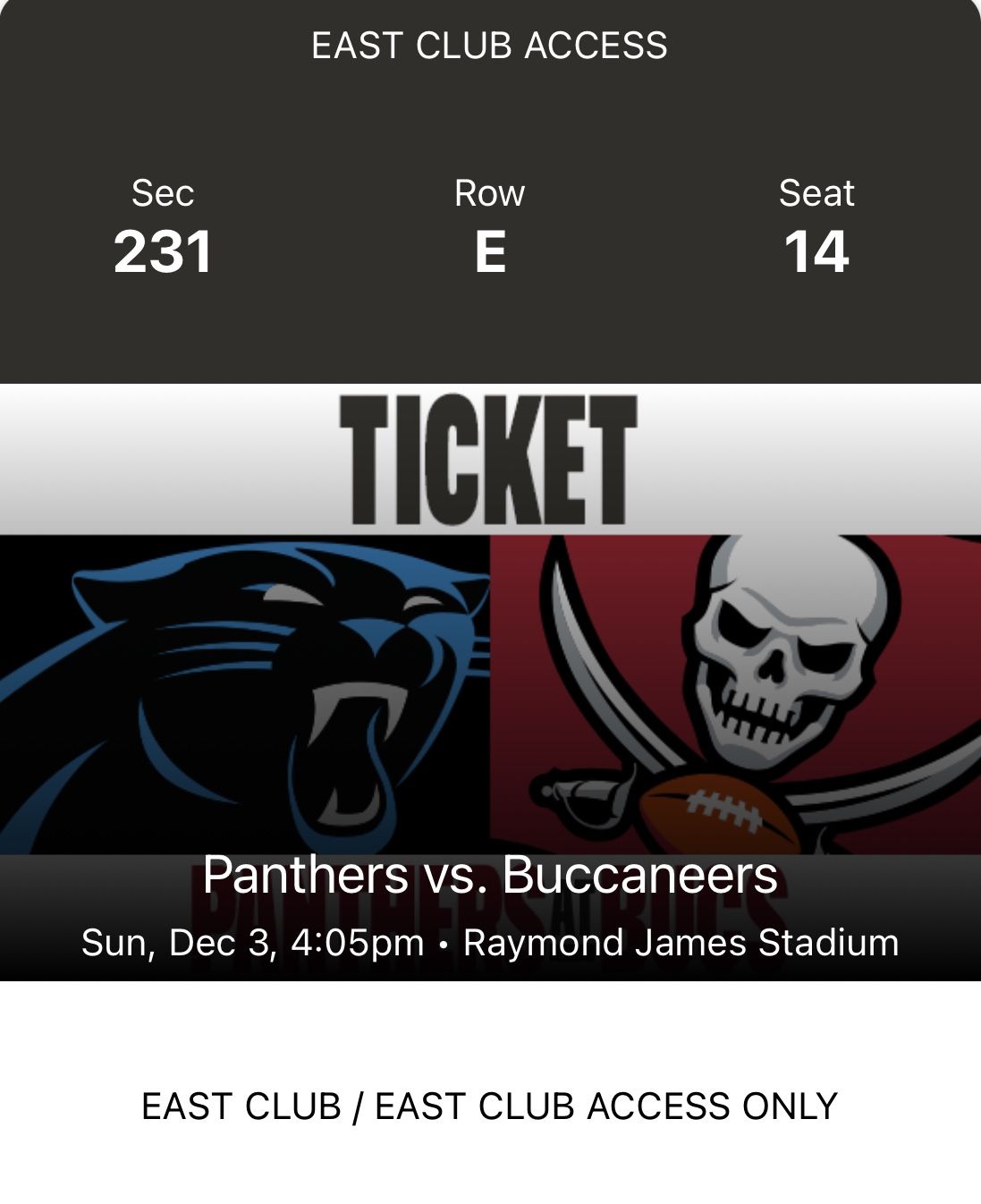 2 East club seats Tampa Bay bucz Vs Carolina Panthers