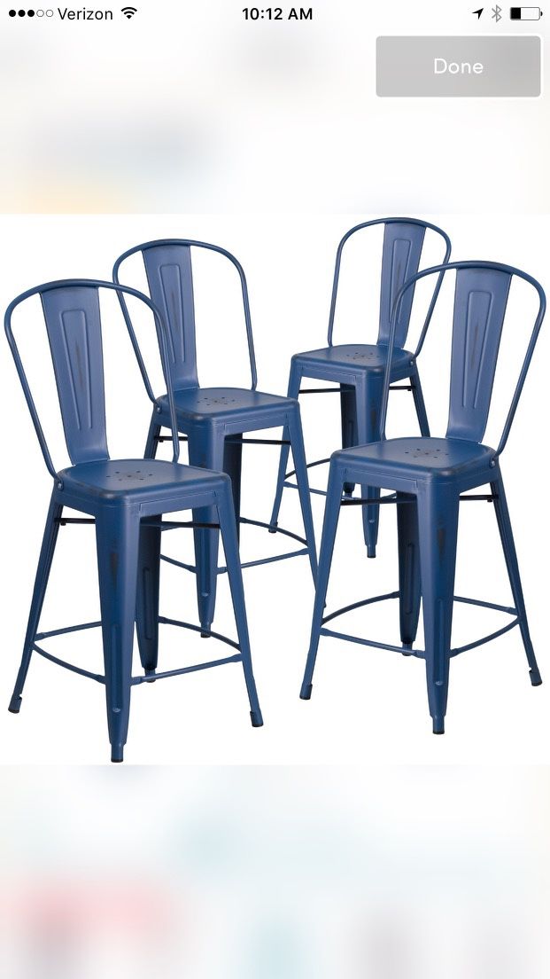 Set Of 4 Blue Metal Counter Chairs With Black Magnetic Seat Cushions