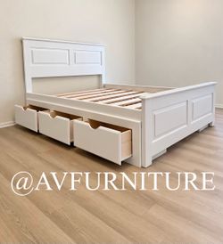 White Solid Wood Queen Bed w 3 Drawers