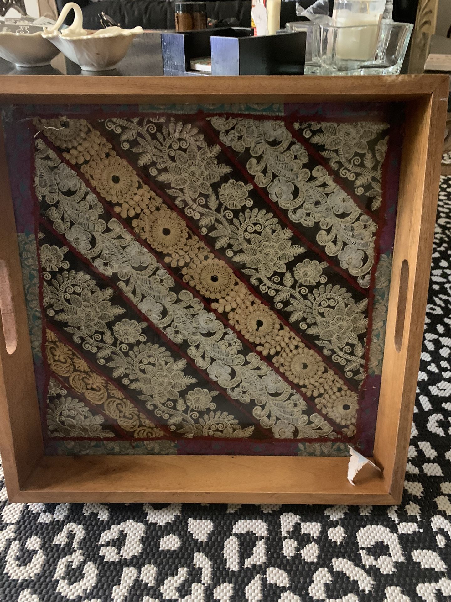 Wooden Tray Inlay Fabric And Glass