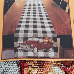 Fall Décor Table Runner Buffalo Plaid Gold Accent Red Truck Pumpkins Farmhouse 