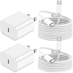New In Box Charger Fast Charging,20W 2Pack USB-C Wall Charger Block with 10ft&6ft Type C to USB C Cable