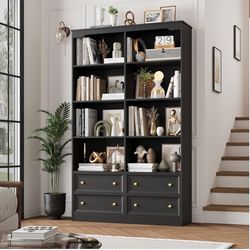 71" Black Bookshelf with 4 Drawers, 6-Tier Double Wide Bookshelves and Bookcases with Storage, Tall Bookshelf Large Open Bookshelves Standing Book Cab