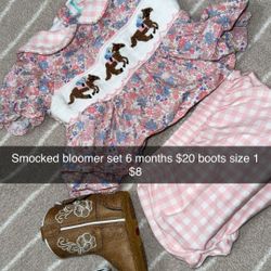 Smocked bloomer set 6 months $20 boots size 1 $8/Baby Clothes