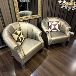Custom Vintage Pair Pacific Design Center Deep Forest Moss Bronze Leather Barrel Armchairs Chair
