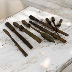 Antique Vintage Wood Handle Files & Chisels Tool Mixed Lot 9pc 1900s USA -Coll