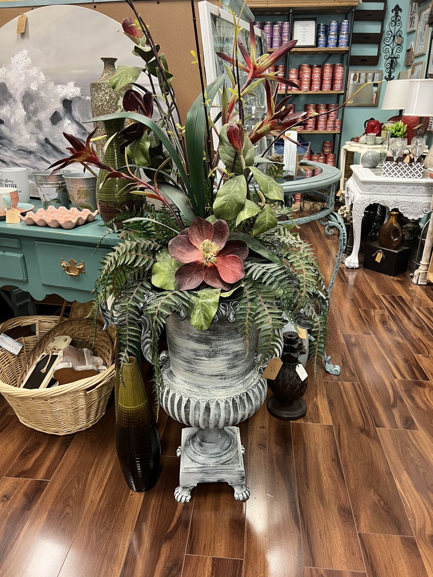 Gorgeous White and Black Shabby Chic Big Planter with Plant Indoor or Patio