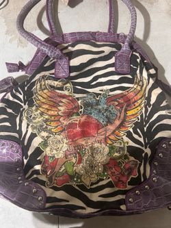 Zebra Print Tattoo Heart Handbag with Purple Trim & Shoulder Strap