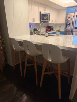 White Modern Bar Stools with Wood Legs – Set of 3