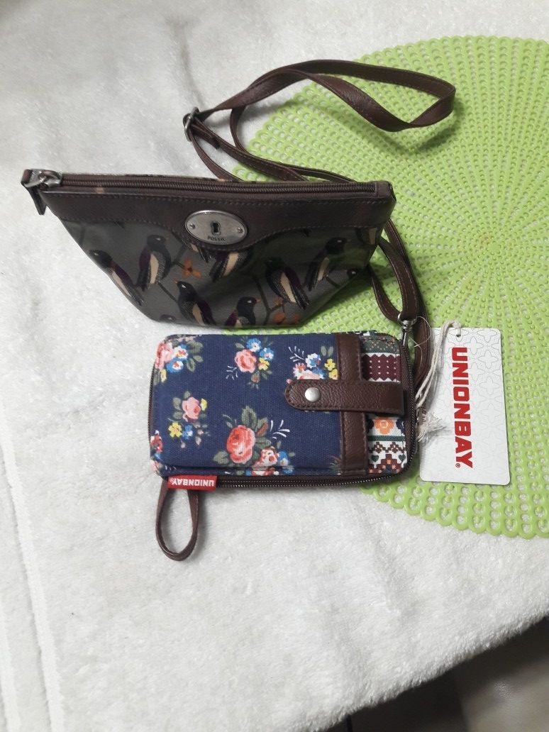 Vintage Fossil & Union Bay Birds Make-up Bag Floral Wristlet Wallet Retro Strap ID Purse Clutch Cosmetic Canvas Leather Trim