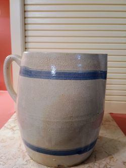 Antique Blue Band Stoneware Pitcher - Unmarked Salt Glazed Crock Jug, 7.5" H.