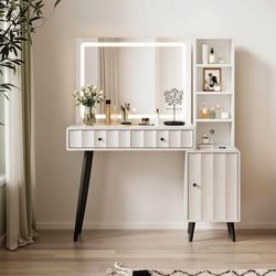 44" W x 55" H Vanity Desk Mirror with Light, Makeup Vanities Large Wave Fluted Dressing Table & 2 Dr