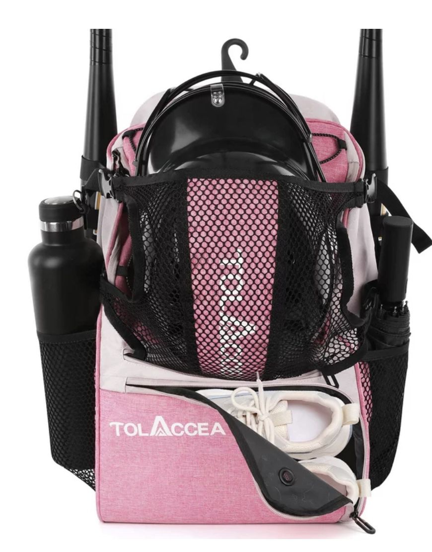 Pink Tolaccea Baseball Bag, Large Baseball Sports Equipment Backpack with Helmet Holder