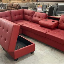 New Red Leather Sectional And Ottoman 