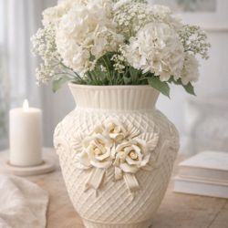 Vintage 1970s Ivory Ceramic Capodimonte-Style Rose Relief Vase, 5x3.5x8”