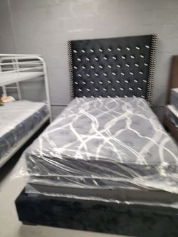 Full black velvet bed frame with mattress set ashplush