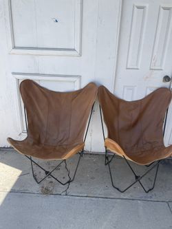 Pair of Leather Butterfly Chairs with Black Metal Frames by PB teen