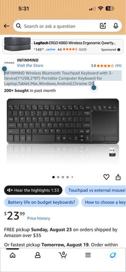 INFINMIND Wireless Bluetooth Touchpad Keyboard with 3-Device(1*USB,2*BT) Portable Computer Keyboard for Laptop,Tablet,Mac,Windows,Android,Chrome OS