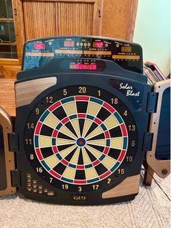 GLD Solar Blast Electronic Dartboard Cabinet w/ Tracer Doors – 25+ Games – Works Perfect