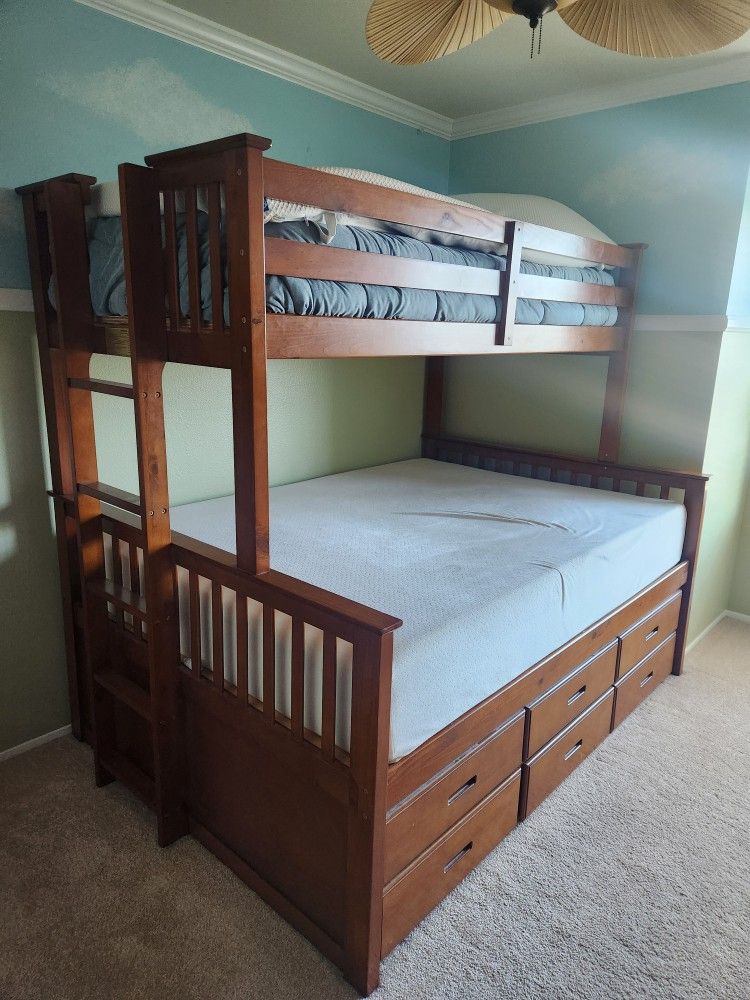 Solid Wood Full Captain's Bed With Twin Bunk And Twin Trundle