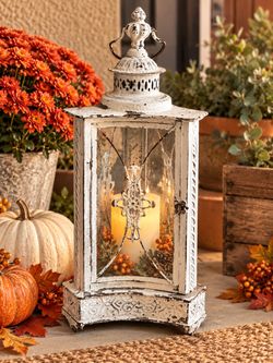 Large Distressed White Metal Lantern w/ Curved Glass – Shabby Chic