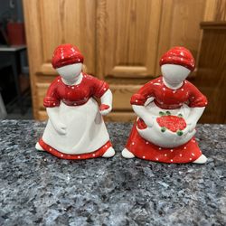 Dept 56 Salt Pepper Shakers Life is a Bowl of Cherries  People.  Preowned Displayed Only Never Used 