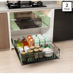 2 Pack Expandable Pull Out Cabinet Organizer, Raised 6.69" guardrail, Adjustable Width 13"-20.07", 3 Rails No Drill Adhesive Peel And Stick, Adhesive 