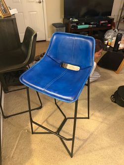 Blue Leather Counter Stool with Metal Frame