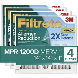 Filtrete 14x14x1 Air Filter MPR 1200D MERV 11, Allergen Reduction Plus Dust, 4-Pack Filters (exact dimensions 13.81x13.81x0.81)