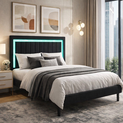 Queen Size Velvet Bed Frame with LED Light, Adjustable Vertical Channel Tufted Headboard, Strong Wooden Slats Support, Noise-Free, No Box Spring Neede