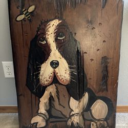 Jan McPherson Hand Painting Wooden Board Folk Art Dog & Bumble Bee 23” x 31” x 2”