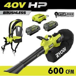 RYOBI
40V HP Brushless 100 MPH 600 CFM Cordless Leaf Blower/Mulcher/Vacuum with (2) 4.0 Ah Batteries and Charger