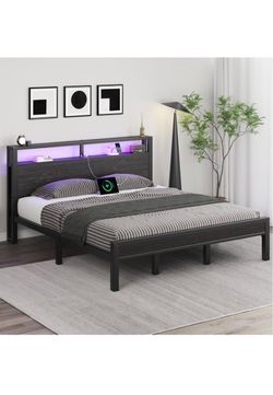 King Size Bed Frame with Storage Headboard and LED Lights, Black Industrial Platform Bed with Charging Station, Heavy Duty Metal Slats, No Box Spring 