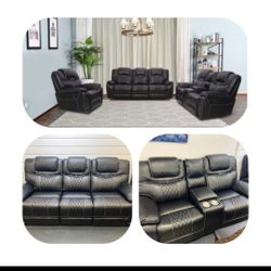 Santiago Black Leather Reclining 3 Piece Living Room Set---Fantastic Deal!!!---Same Day Delivery Available 