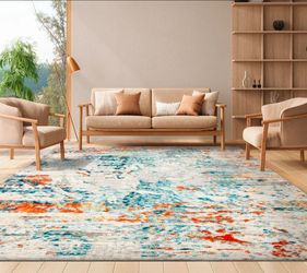Modern Abstract Area Rug 8' x 10' - Orange / Cream / Blue