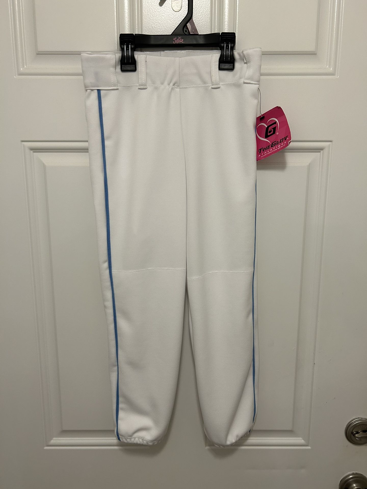 The Gluv Athletique Fastpitch Softball Pants XS White W/ Columbia Blue Piping
